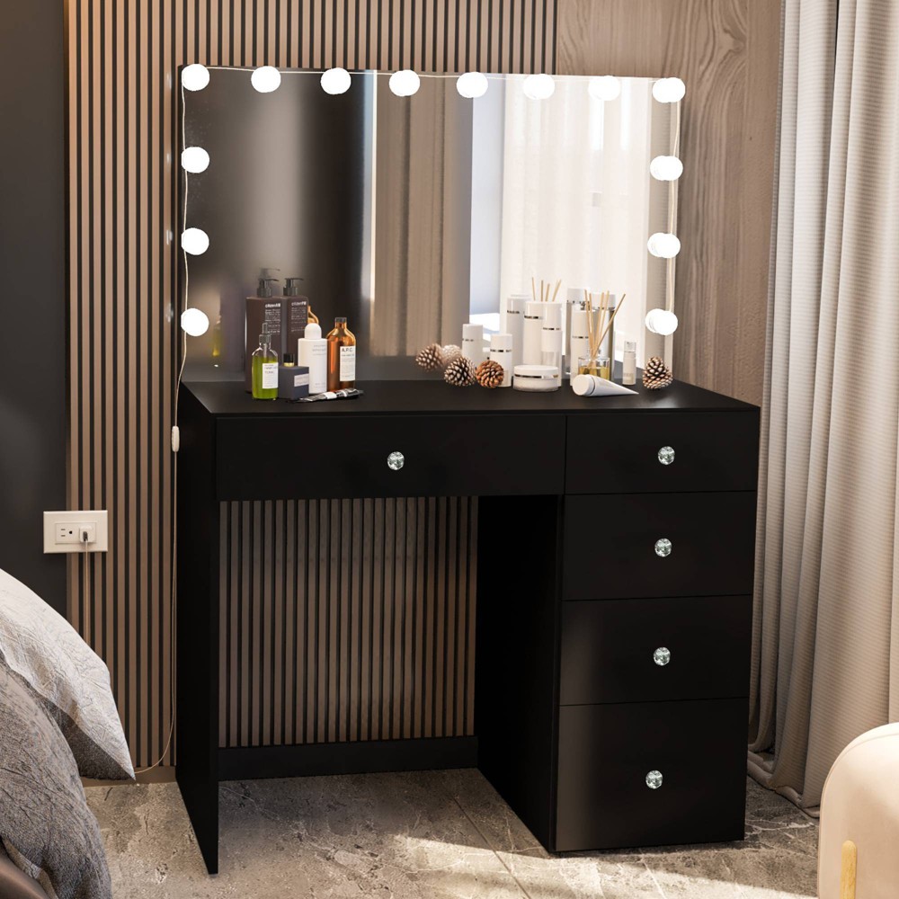 Photos - Other Furniture Kali Lighted Makeup Vanity Black - Boahaus: Hollywood Style Mirror, 5 Draw