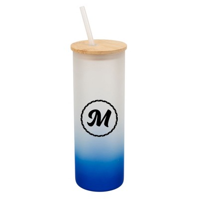 Elanze Designs M Monogram Letter Initial Rope Circle Wrap-Around Design 25 Ounce Frosted Gradient Glass On-The-Go Coffee Travel Skinny Tumbler Mug