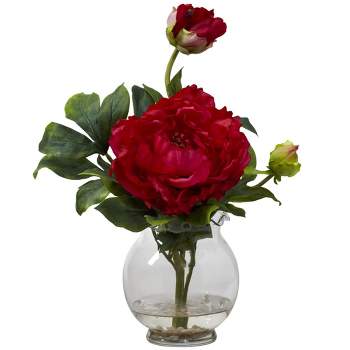 Nearly Natural 13.5-in Peony with Fluted Vase Silk Flower Arrangement