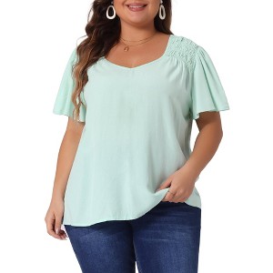 Agnes Orinda Women's Plus Size Ruffle Sleeve V Neck Smocked Shoulder Chiffon Summer Blouses - 1 of 4