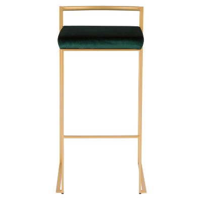 Fuji Gold Metal Barstool with Green Velvet Cushion, Set of 2