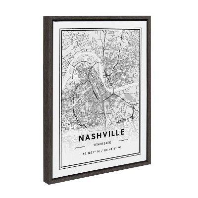 Sylvie Nashville Modern Map Gray Framed Canvas Wall Art, 18x24