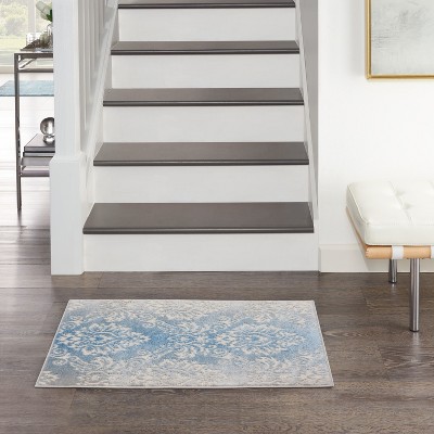 Ivory Blue Floral Damask 5' x 7' Easy-Care Synthetic Area Rug