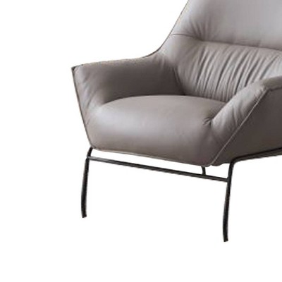 Khaki Top Grain Leather Accent Chair with Ottoman and Metal Legs