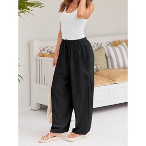 Women's Casual Pants Elastic Waist Pleated Mid Rise Straight Leg Tros with Side Pockets - 1 of 4
