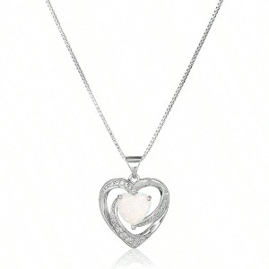 Women's Sterling Silver Open Heart Pendant with Created Opal and White Sapphire, Necklace - 1 of 4