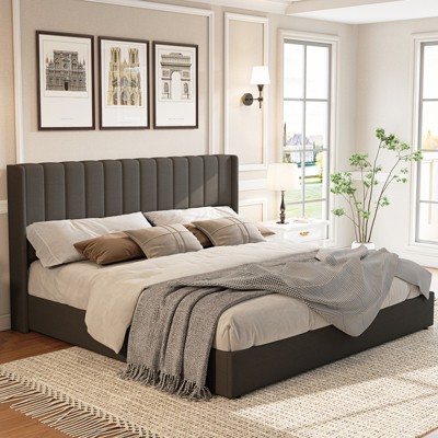 AMERLIFE Lift Up Storage Bed Frame with Vertical Channel Tufted Headboard and Wingback