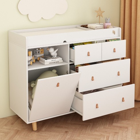 Famapy White Baby Changing Table Storage Cabinet Leather Pulls Large Space Zoned Storage Target