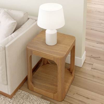 Pecan Solid Wood Square Side Table with Shelf