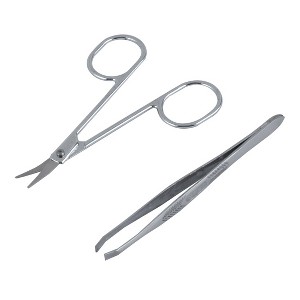 Unique Bargains Metal Flat Edge Tweezers and Scissors Eyebrow Trimmer Beauty Tool Set 1 Set of 2 Pcs - 1 of 3