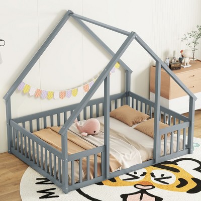 Whisen Twin House Floor Bed with Fence & Guardrails