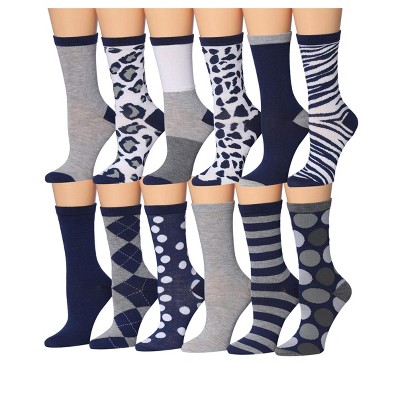 Tipi Toe Women's 12 Pairs Lightweight Blue And White Leopard Geometric Zebra Striped Patterned Crew Socks