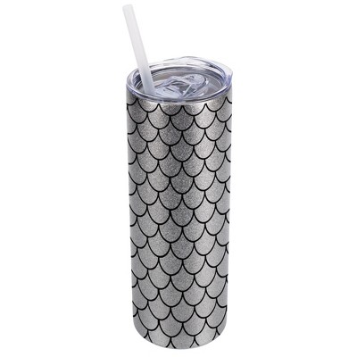 Elanze Designs Silvertone Sparkle 20 Ounce Double Wall Stainless Steel Glitter Travel Tumbler With Sliding Lid And Straw, Mermaid Scales