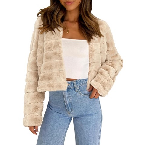 Allegra K Women's Winter Cropped Fluffy Long Sleeve Collarless Faux Fur Coat X-Small Apricot