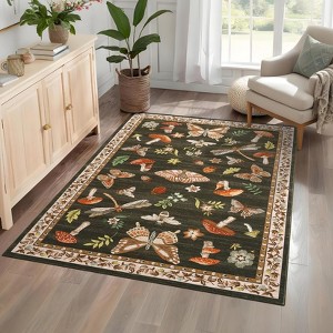 Washable Area Rugs Non-Slip Vintage Mushroom Rug - Soft Low Pile Insect Print Throw Mat for Bedroom Living Room Office Nursery Farmhouse Modern rug - 1 of 4