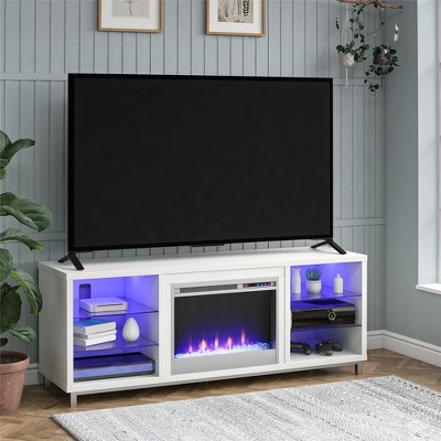 White Modern Fireplace TV Stand with LED Shelves for 70" TVs