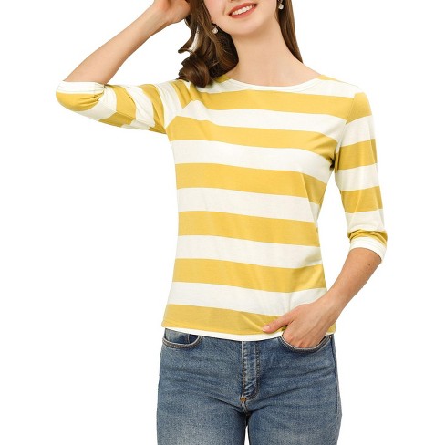 Allegra K Women's Elbow Sleeves Casual Basic Neck Slim Fit T-shirts Yellow White Medium : Target