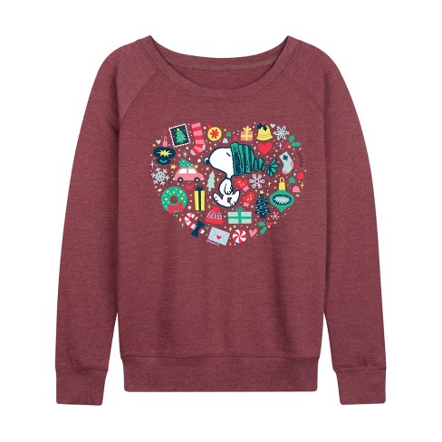 Women s Peanuts Snoopy Holiday Icons Heart Lightweight French Terry Slouchy Heather Maroon 2x Target