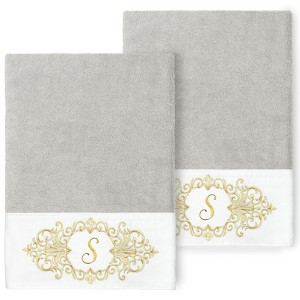 Linum Home Textiles 100% Turkish Cotton MONICA Gold Thread 2PC Embellished Bath Towel Set - 1 of 3