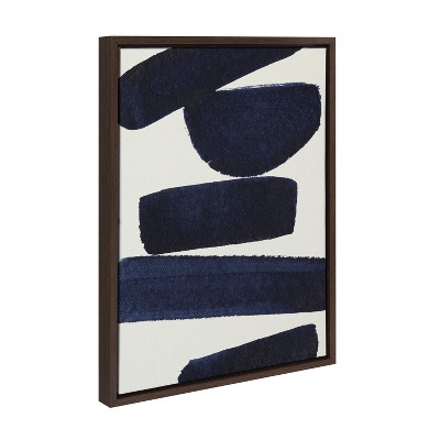 Japandi Abstract Blue and White Canvas Print with Walnut Frame