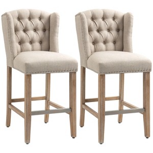 Beige Bar Stools Set of 2, 27" High, with Nailhead Trim, Tufted Back and Wood Legs - 1 of 4