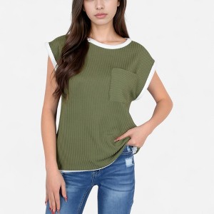 Anna-Kaci Women's Sleeveless Striped Knit Top with Contrast Trim and Chest Pocket Detail - 1 of 4