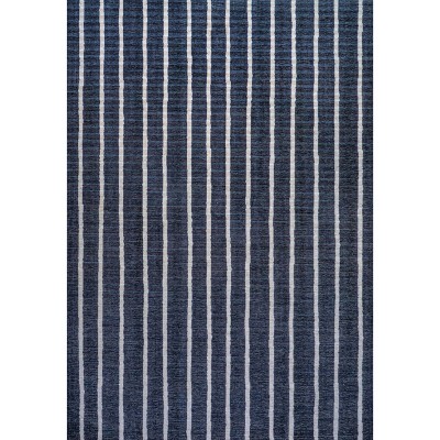 Gray and Navy Striped Machine-Washable Runner Rug