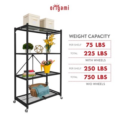 Black 4-Tier Foldable Steel Wire Shelving Unit with Wheels
