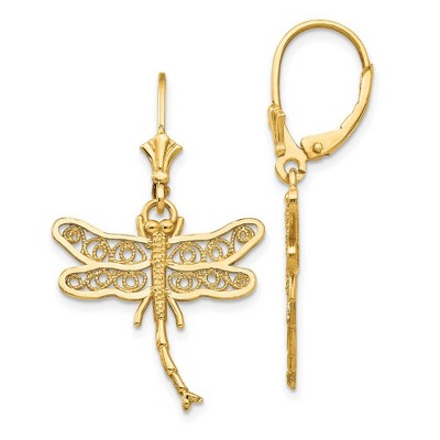 Black Bow Jewelry 21mm Filigree Dragonfly Lever Back Earrings in 14k Yellow Gold