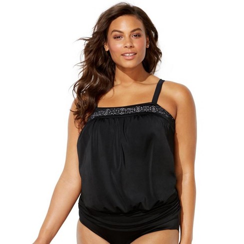 Swimsuits For All Women's Plus Size Laser Cut Blouson Tankini Top, 20 -  Black White : Target