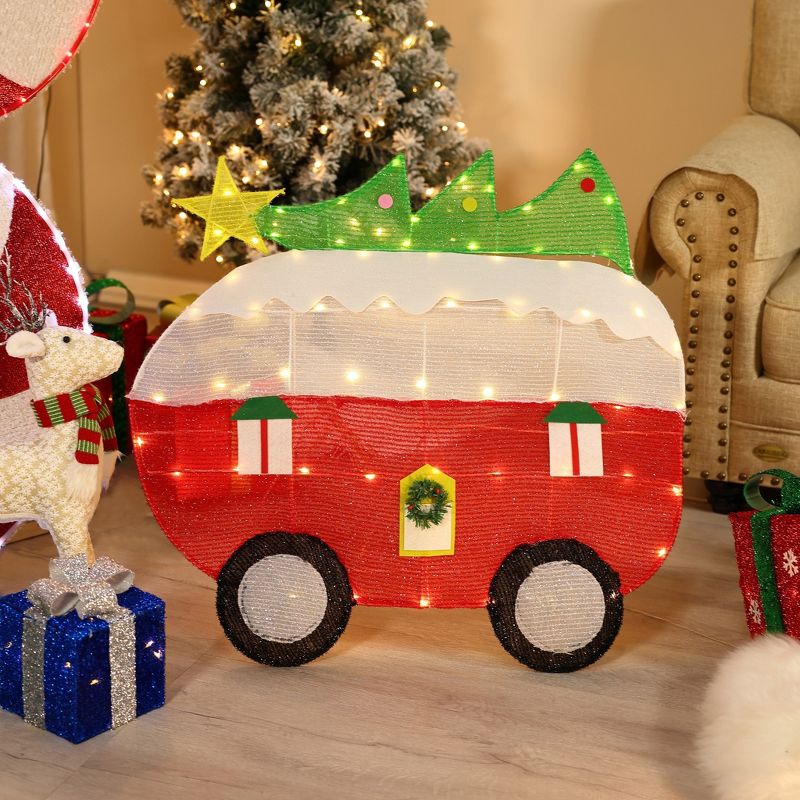 LuxenHome Red and White Camper with Tree Lighted Indoor Outdoor Holiday Decoration Multi-Color, 3 of 5