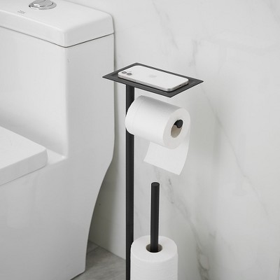 Matte Black Freestanding Stainless Steel Toilet Paper Holder with Storage Shelf