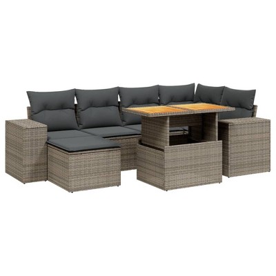 vidaXL Patio Sofa Set with Cushions Stool and Sofa Modules 7 Piece Poly Rattan
