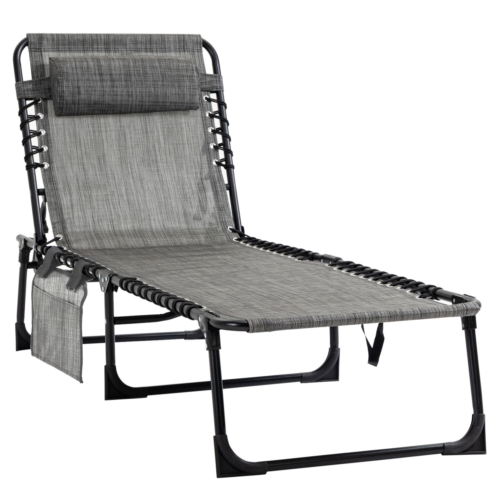Gulches Outsunny Grey Reclining Chaise Lounge Chair ¨C Folding Portable Sun Lounger with 5-Level Adjustable Backrest, Removable Pillow,Side Pocket