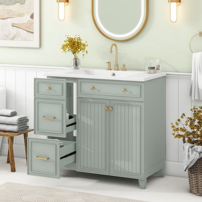 36"W Bathroom Multi-function Vanity with Resin Sink, 2 Doors, 2 Drawers and 1 Adjustable Storage Shelf, 4L- ModernLuxe