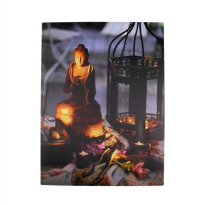 Northlight 15.75" LED Flickering Candles in a Metal Lantern with Buddha Wall Art - 1 of 3
