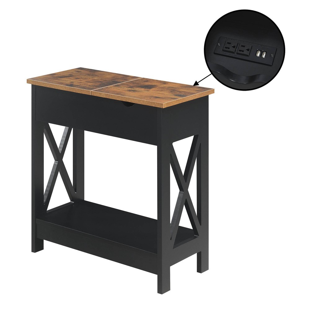 Oxford Flip Top End Table with Charging Station and Shelf Barnwood/Black - Breighton Home: Transitional Style, MDF Construction