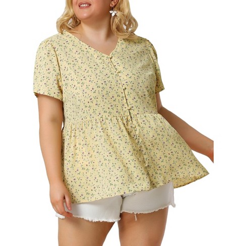 Agnes Orinda Women's Plus Size V Neck Ruffle Hem Short Sleeve Cinched Waist  Floral Peplum Top Yellow 2X