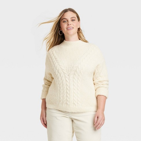 Women\'s Cable Mock Turtleneck : Pullover Target Sweater Xxl Thread™ - Cream Universal