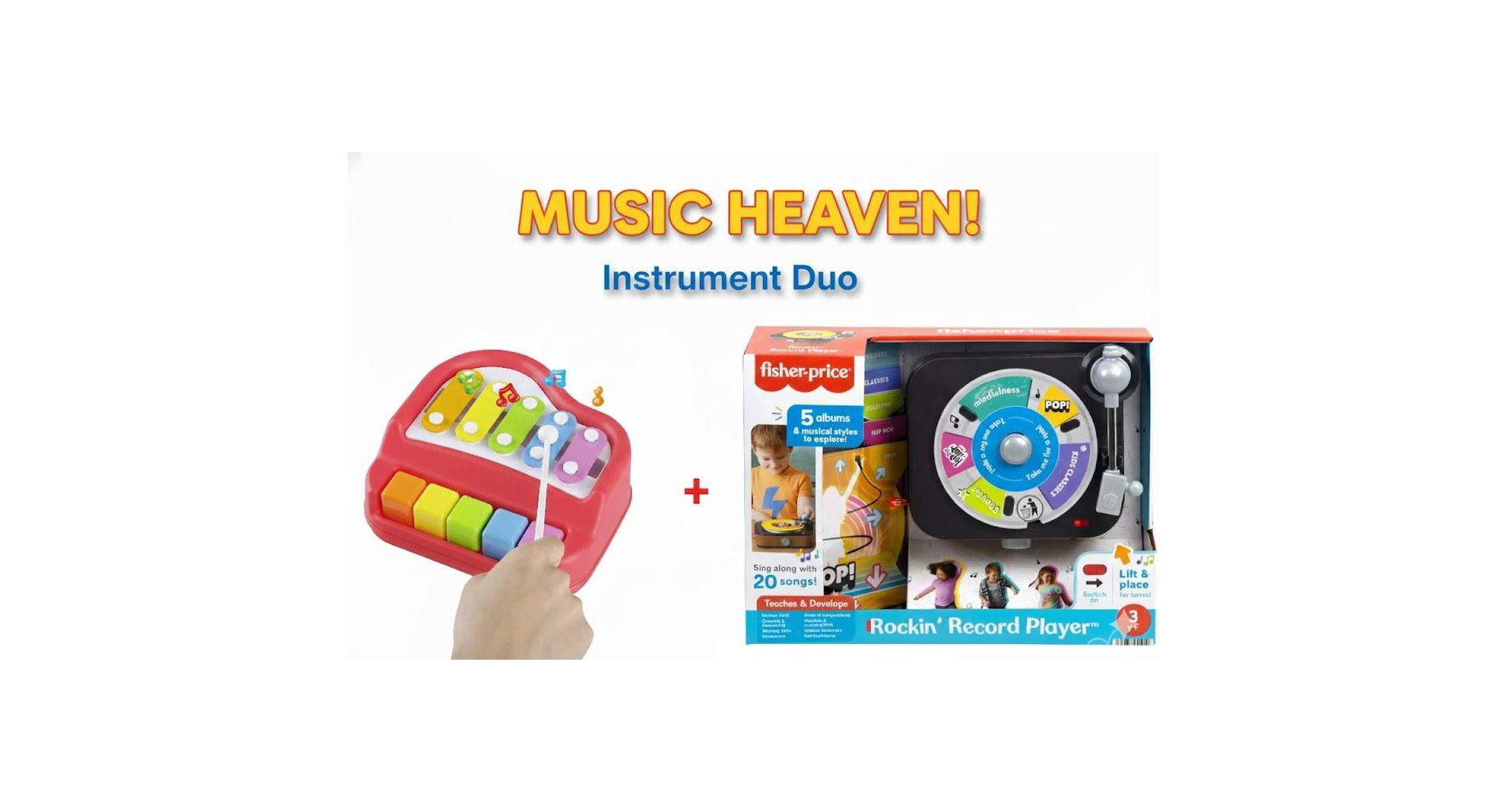 Fisher-Price Music Playset Bundle – Rockin’ Record Player with Big Daddy Xylophone Instrument Set