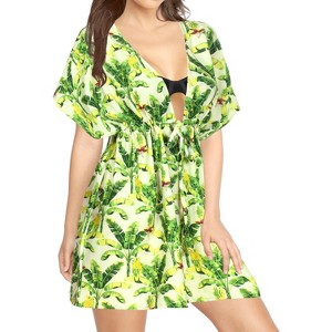 LA LEELA Women's Beachwear Summer Swim Beach Dress Cover Ups for Swimwear Women Short Fall Swimsuit Coverups for Women Tops XL-XXL Beige Tree - 1 of 4
