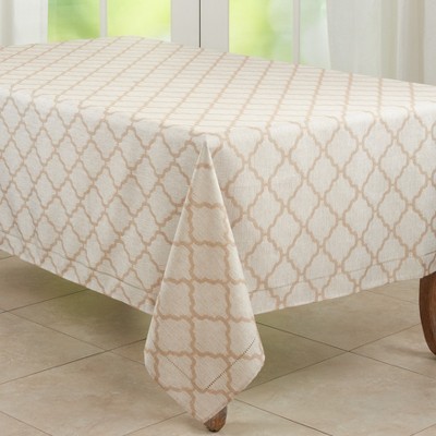Taupe Rectangular Fabric Tablecloth with Laser-Cut Hemstitch Border