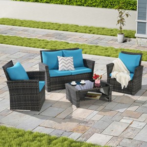 Outdoor Sofa Set, 4 Pcs Rattan Wicker Sofa, Sofa Set with Armrest Chairs and Tempered Glass Coffee Table, Sofas with Cushions-Coolbibila - 1 of 4