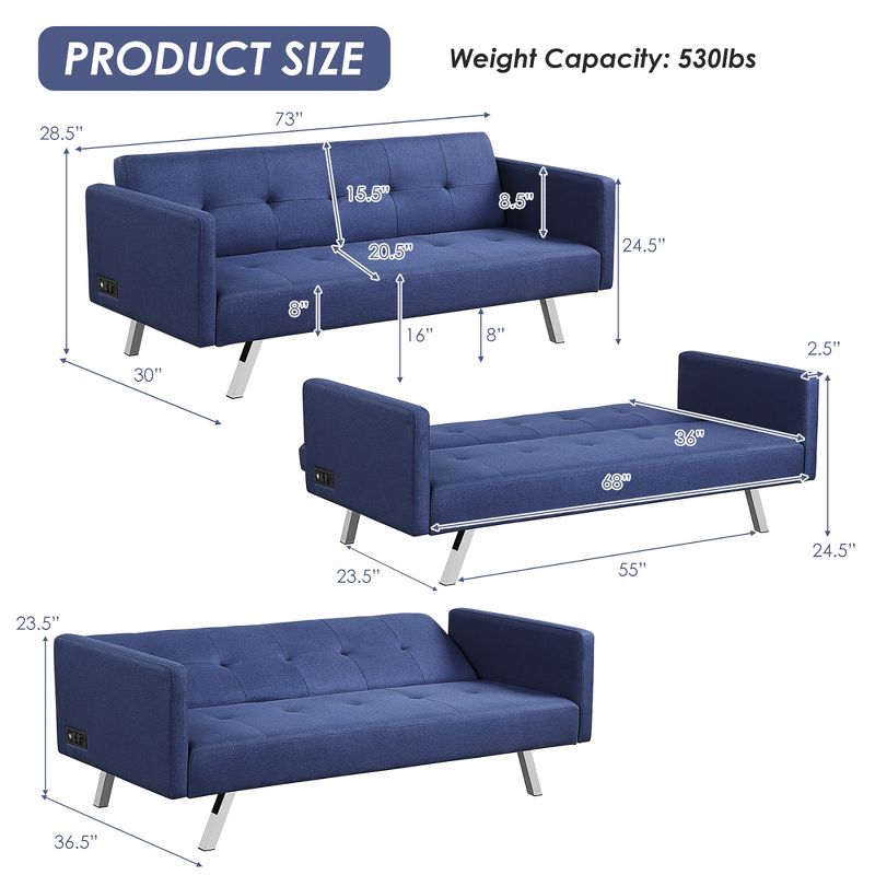 Costway Convertible Futon Sofa Bed Folding Recliner w/USB Ports&Power Strip Grey\Blue, 3 of 11