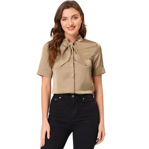 Allegra K Women's Work Tie Neck Short Sleeve Satin Elegant Button Down Shirt - 1 of 4