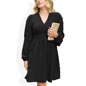 Anna-Kaci Women's Swiss Dot Long Sleeve Mini Dress with Smocked Waist and V-Neckline - 1 of 4