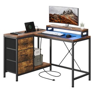 Home Office Desk, L Shaped Desk with Led Lights, 3-Drawer Computer Desk with Monitor Stand - 1 of 4