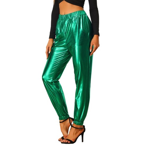 Allegra K Women's Drawstring Elastic High Rise Silky Solid Satin Pants  Green Large