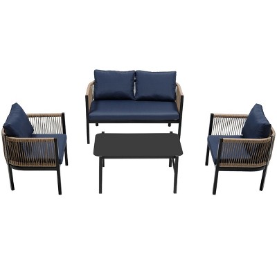 Outdoor 4 Pcs Seating Set, Multi-person Lounge Sets with Tempered Glass Table, Patio Lounge Sets with Iron Frame and PE Cushions-Coolbibila