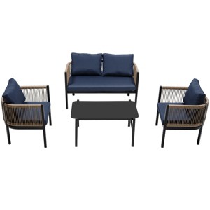 Outdoor 4 Pcs Seating Set, Multi-person Lounge Sets with Tempered Glass Table, Patio Lounge Sets with Iron Frame and PE Cushions-Coolbibila - 1 of 4